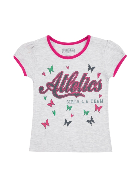Cherokee Girls Grey & Pink Printed Round Neck T-shirt