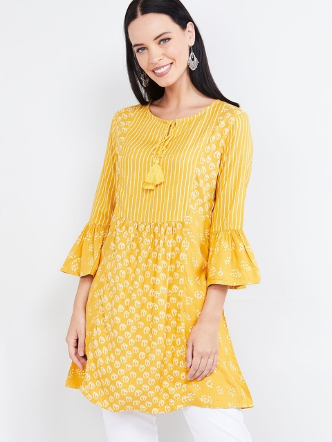 max Women Mustard Yellow & Off-White Printed Tunic