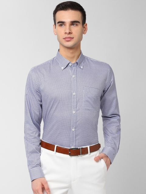 Peter England Elite Men White & Blue Regular Fit Checked Formal Shirt