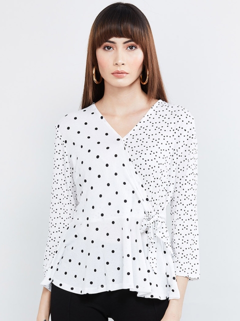 max Women Off-White & Black Printed Wrap Top