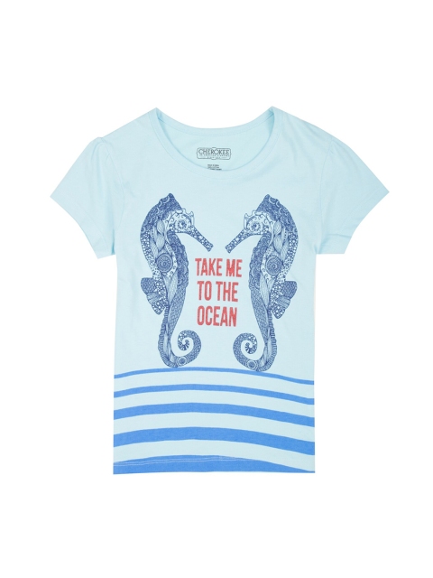 Cherokee Girls Blue Printed Round Neck T-shirt