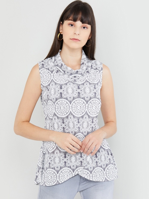 max Women Off-White & Grey Printed Top