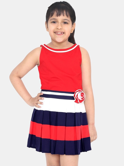 naughty ninos Girls Red & Navy Blue Striped Fit and Flare Dress