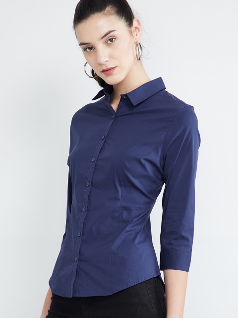 max Women Navy Blue Tailored Fit Solid Formal Shirt