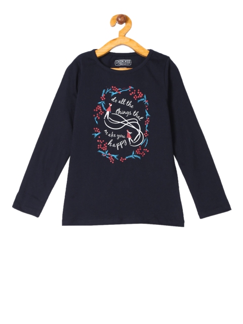 Cherokee Girls Navy Blue & White Printed Round Neck T-shirt