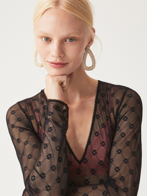 H&M Women Black Mesh V Neck Body