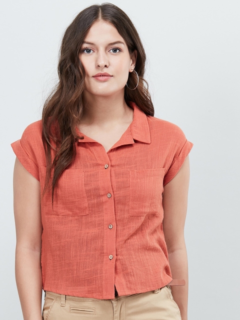 max Women Rust Red Regular Fit Solid Casual Shirt