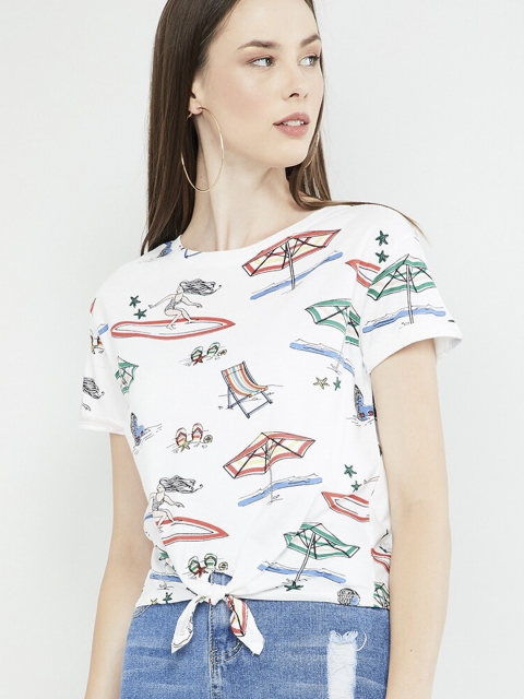 max Women White Printed Top with Tie Up Detail