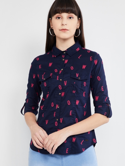 max Women Navy Blue & Pink Regular Fit Printed Casual Shirt