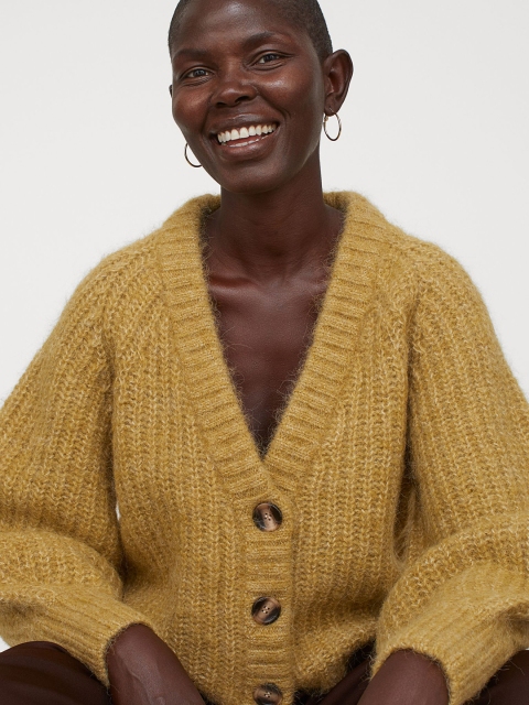 H&M Women Yellow Knitted Wool Cardigan