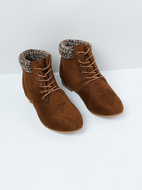 max Women Tan Brown Solid Mid-Top Flat Boots