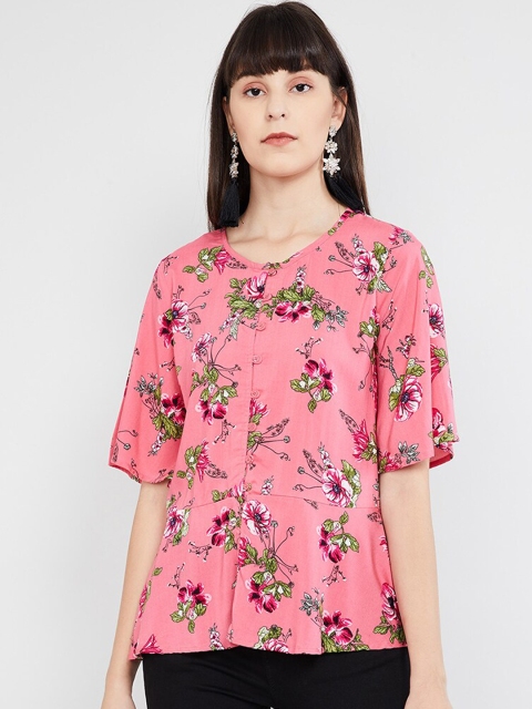 max Women Pink Floral Print Peplum Top