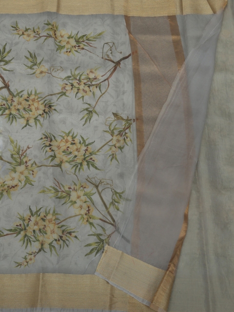 Pothys Grey & Beige Organza Printed Saree