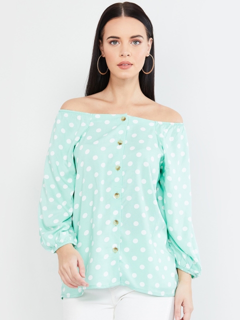 max Women Green Striped Bardot Top