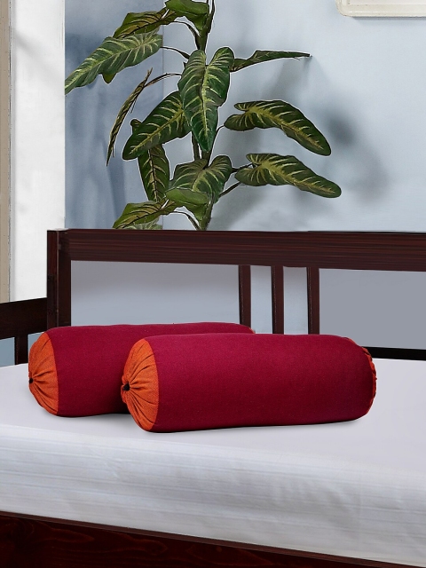 KLOTTHE Set Of 2 Fuschia Pink & Orange Solid Bolster Covers, Fuchsia