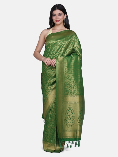 BOMBAY SELECTIONS Green & Gold-Toned Silk Blend Woven Design Banarasi Saree