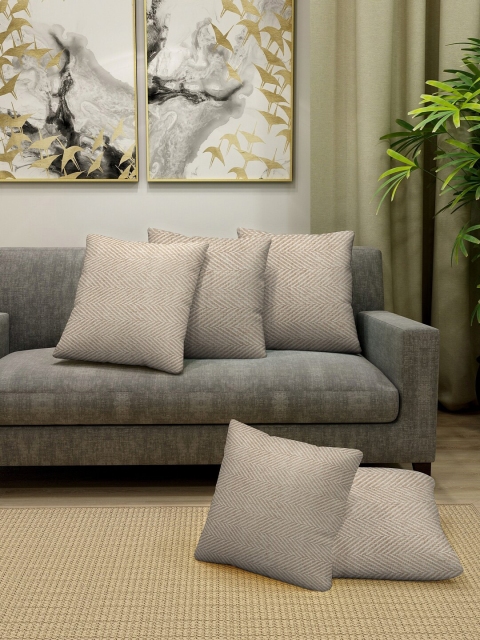 KLOTTHE Beige Set of 5 Self Design Square Cushion Covers