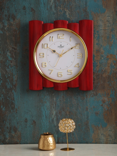 ZANIBO White & Maroon Square Solid Analogue Wall Clock