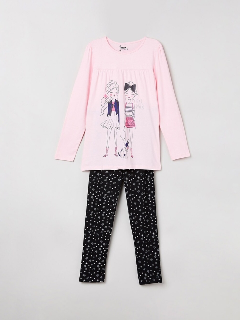max Girls Pink & Navy Blue Printed T-shirt with Leggings