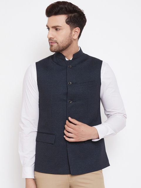 Spirit Men Navy Blue Solid Nehru Jacket