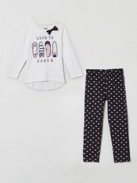 max Girls White & Black Printed T-shirt with Leggings
