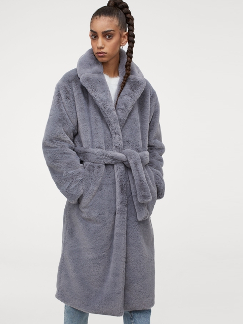 H&M Women Grey Solid Faux Fur Coat