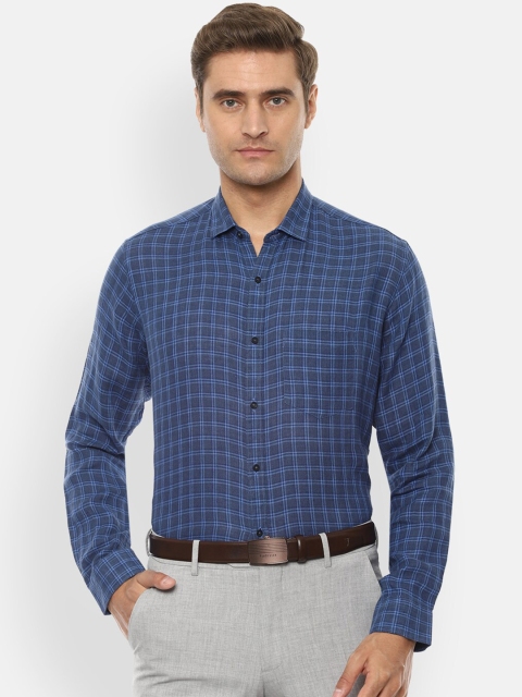 Van Heusen Men Blue Slim Fit Checked Pure Linen Formal Shirt