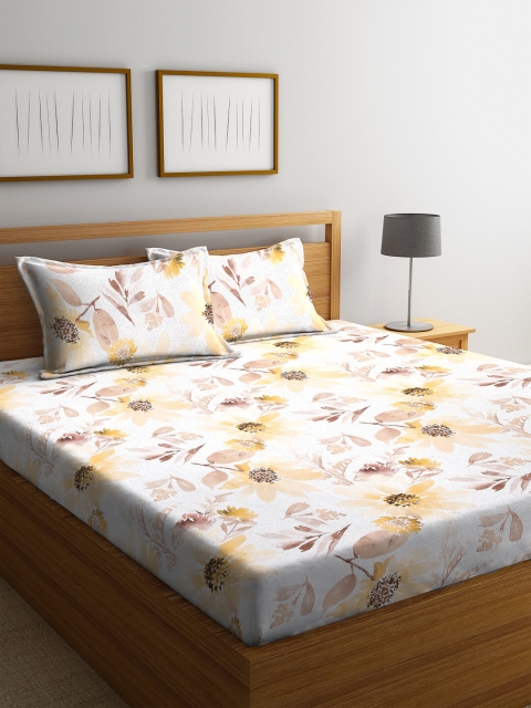Trident Cream & Yellow Floral 144 TC Cotton 1 Queen Bedsheet with 2 Pillow Covers