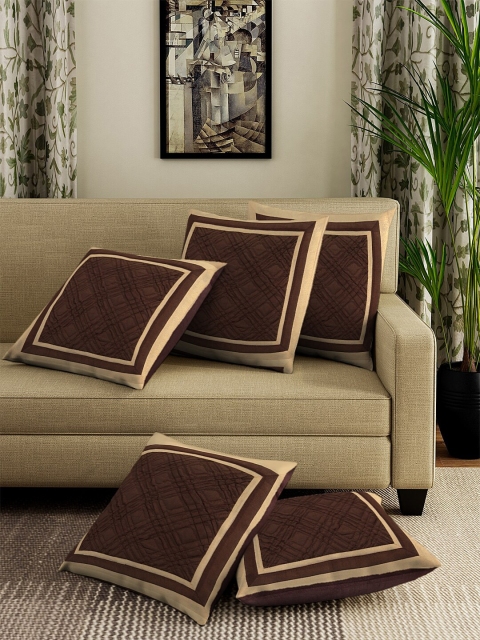 DREAM WEAVERZ Brown Set of 5 Self Design Square Cushion Covers