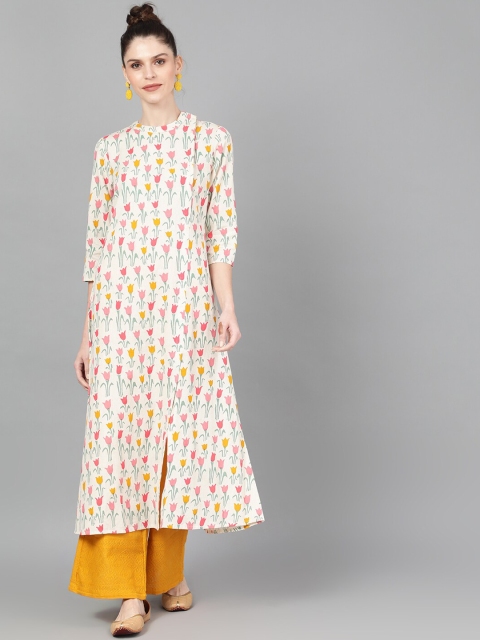 AKS Women Off-White & Pink Floral Printed A-Line Kurta