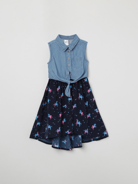 max Girls Blue & Navy Blue Printed Fit and Flare Dress