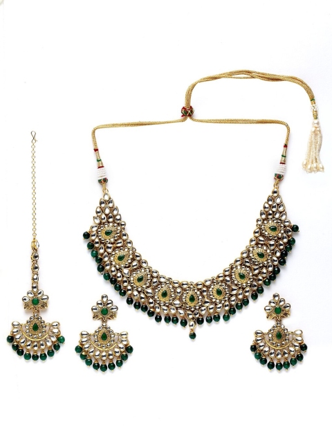 ANIKAS CREATION Gold-Plated White & Green Kundan Beaded Handcrafted Jewellery Set