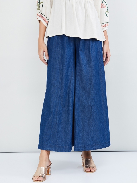 max Women Blue Flared Solid Parallel Trousers