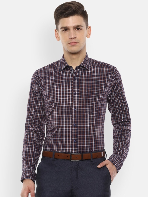 Van Heusen Men Navy Blue & Brown Slim Fit Checked Formal Shirt