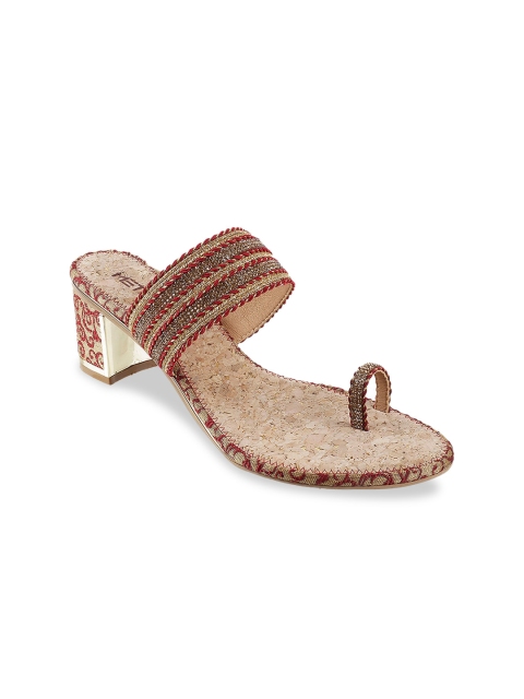 Metro Women Maroon & Gold-Toned Woven Design Block Heels
