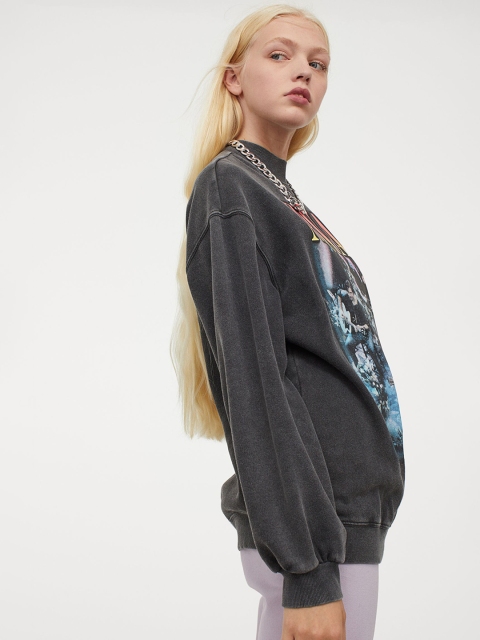 H&M Women Grey Printed Oversize Sweater