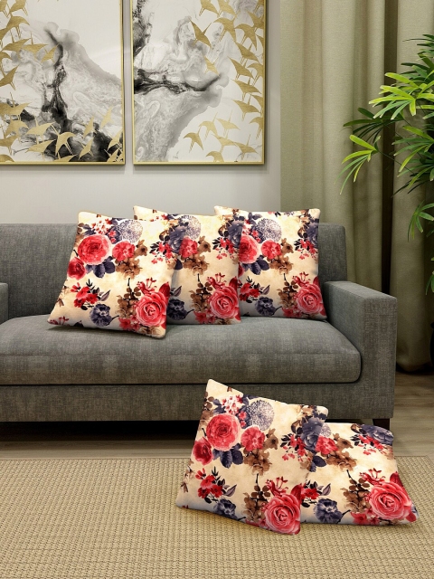 KLOTTHE Yellow & Red Set of 5 Floral Square Cushion Covers