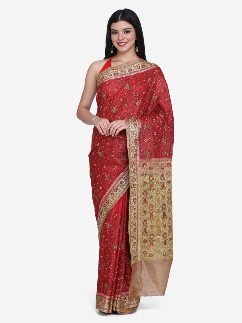 BOMBAY SELECTIONS Red & Beige Silk Blend Woven Design Banarasi Saree