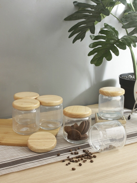 Ocean Unisex Set Of 6 Transparent Jars with Wooden Lid