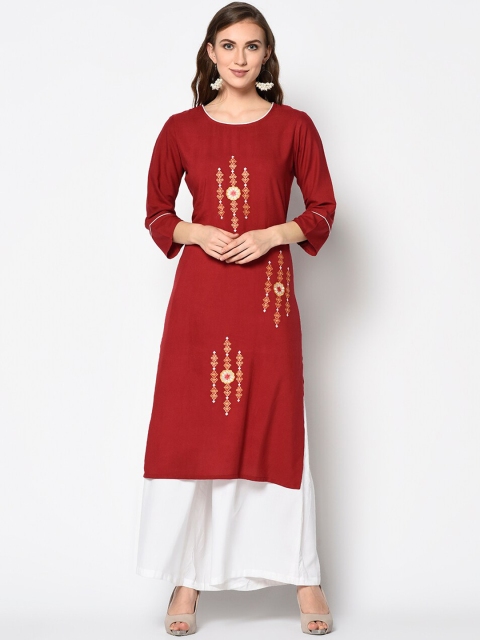 Kvsfab Women Red Embroidered Straight Kurta
