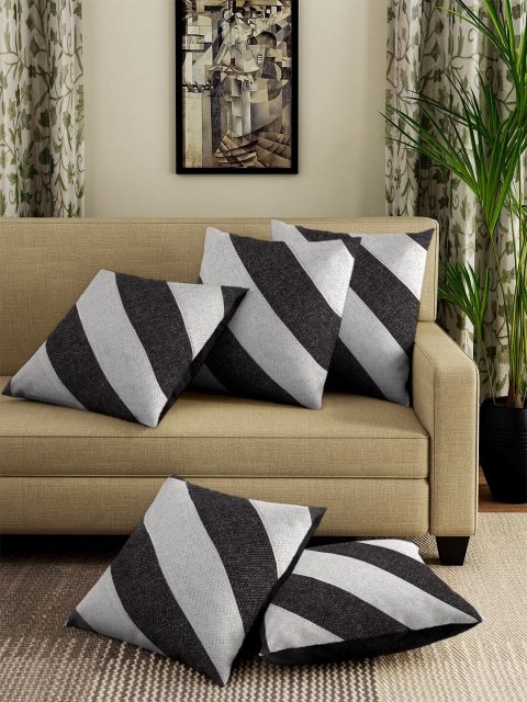 DREAM WEAVERZ Black & Silver-Toned Set of 5 Striped Square Cushion Covers