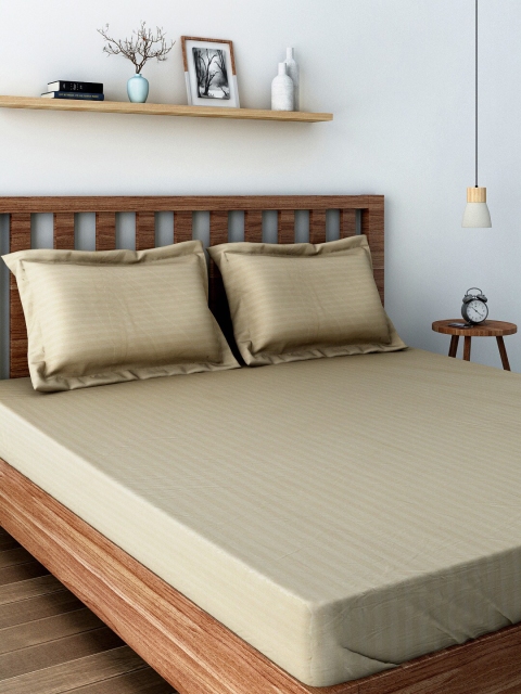 URBAN SPACE Beige Striped 220 TC Cotton 1 Queen Bedsheet with 2 Pillow Covers