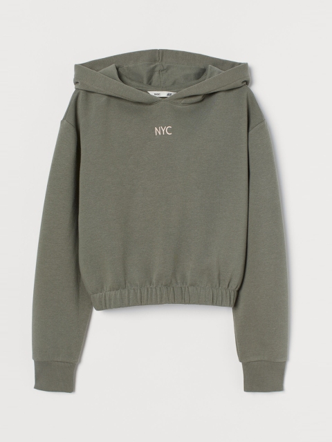 H&M Girls Green Solid Cropped Hooded Top