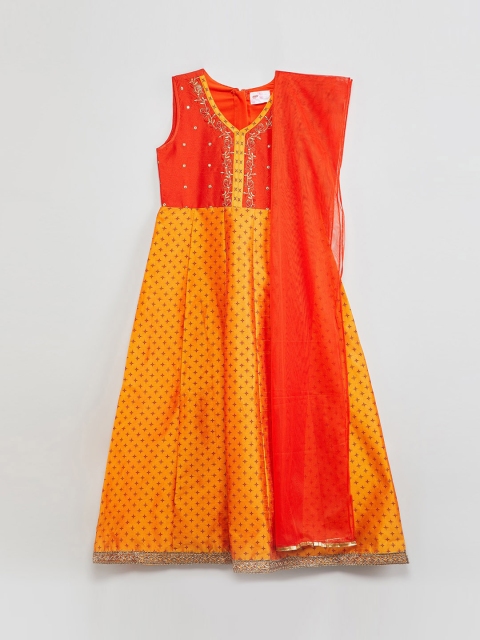max Girls Red & Orange Woven Design Kurta with Churidar & Dupatta