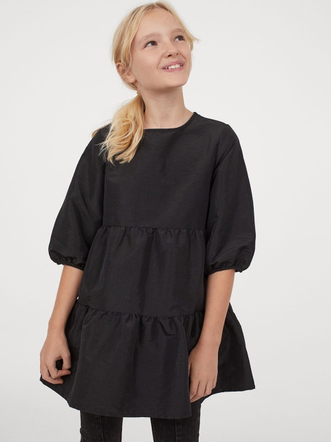 H&M Girls Black Solid Puff-Sleeved Dress