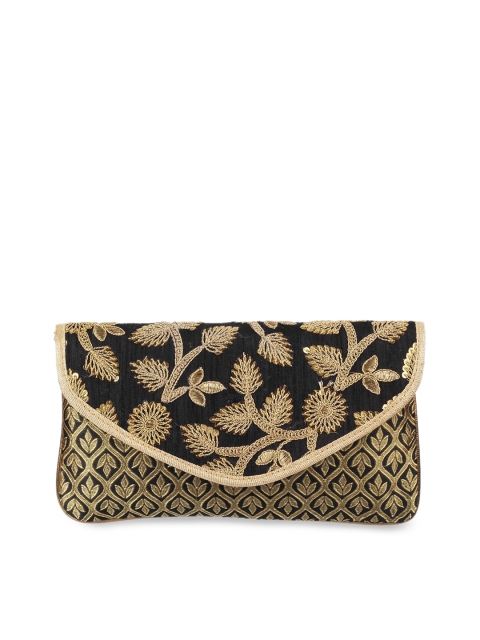 Metro Black & Gold-Toned Embroidered Envelope Clutch