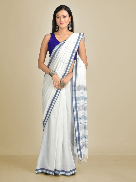 Mitera Off-White & Blue Pure Cotton Woven Design Taant Saree