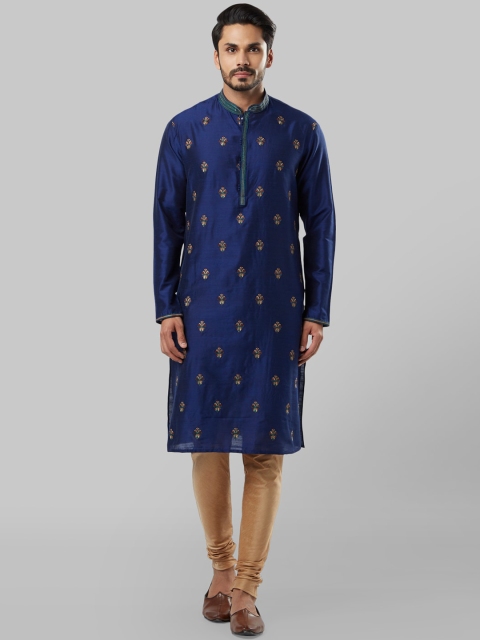 Ethnix by Raymond Men Blue & Red Embroidered Straight Kurta