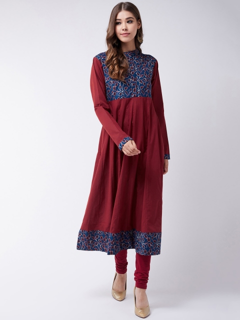 InWeave Women Maroon & Blue Printed Anarkali Kurta