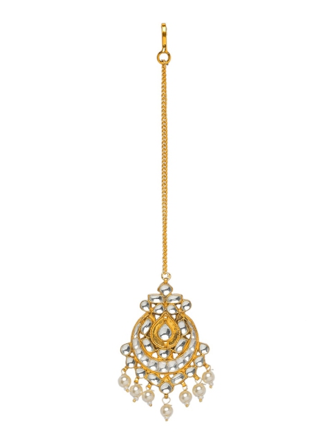 INDYA Gold-Plated White Kundan-Studded Beaded Maang Tikka
